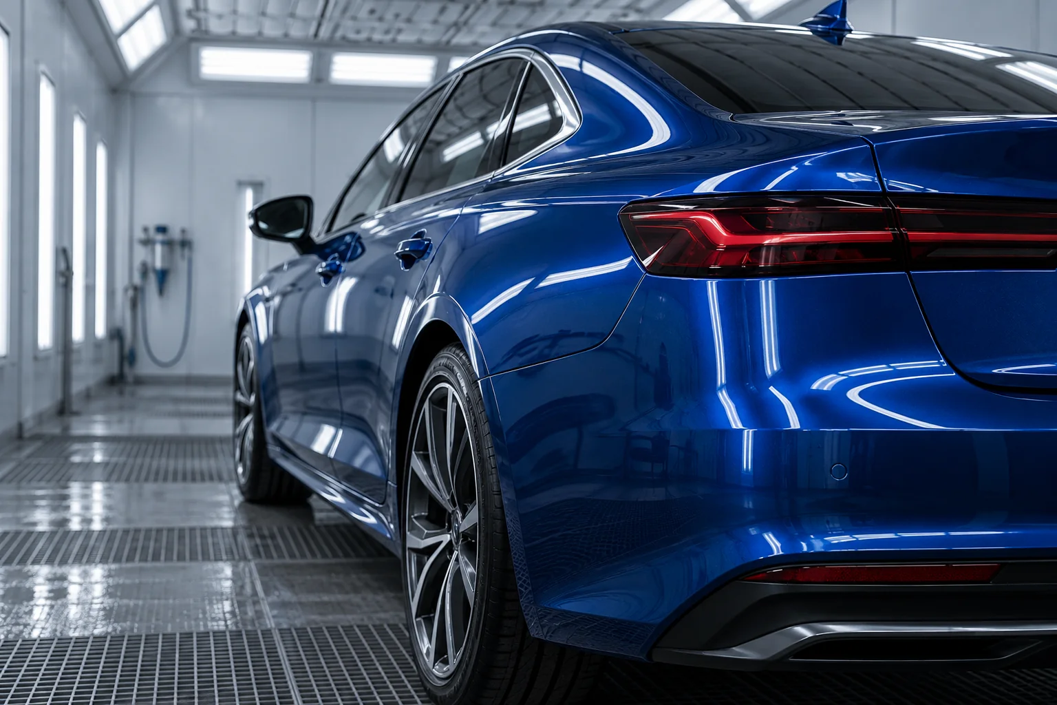 Illustrative image of a blue car in a paint booth